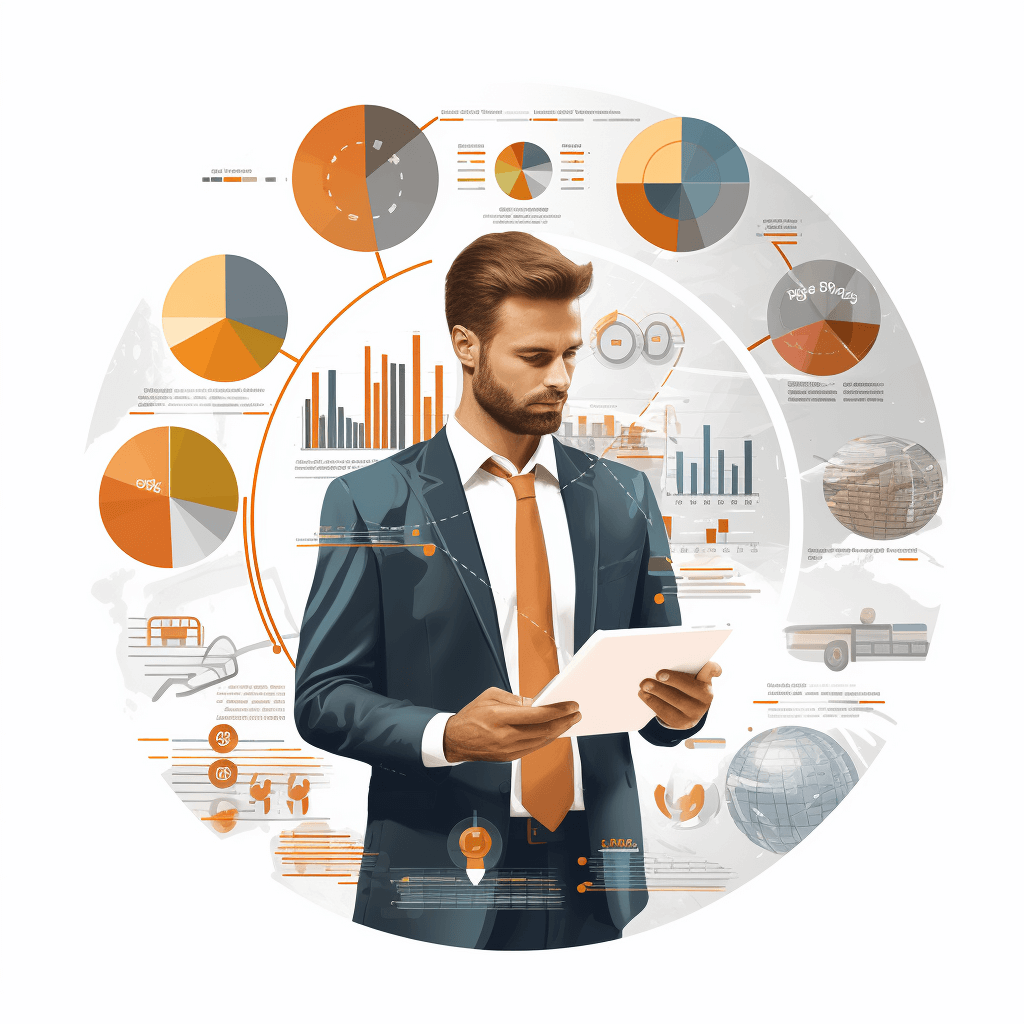 A businessman in a suit holding a tablet with infographics on a white background, a digital circular collage of charts, graphs and data elements around him, with an orange color scheme, in the style of realistic photography.