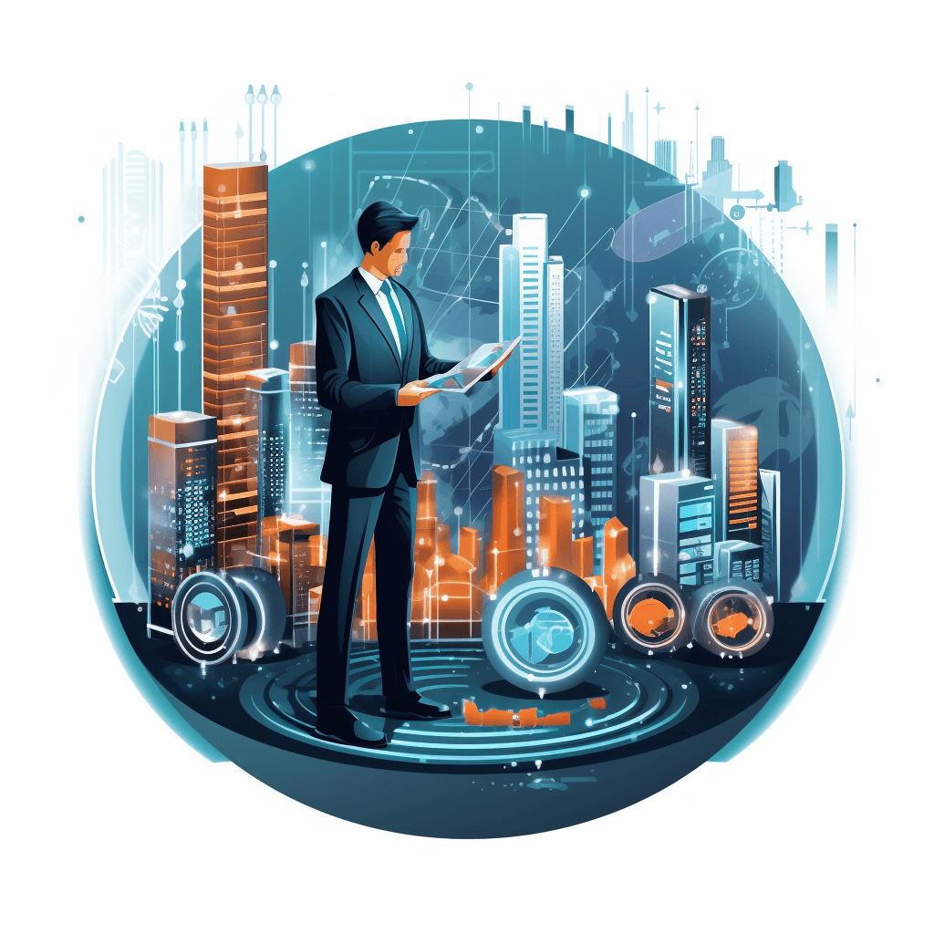 Businessman standing in the center of a digital cityscape with buildings and tech elements around him, holding an iPad and looking at it while showing something on screen to an audience behind him, flat vector illustration in the style of blue colors, white background, futuristic design, high resolution, detailed, high quality, 3d render in an isometric style, hyper realistic, round shape, modern style.