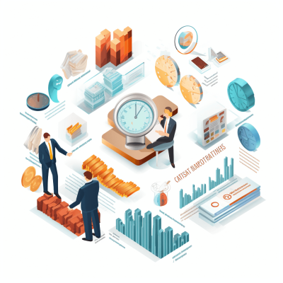 Isometric illustration of the concept " time management and project progress control". People in business suits stand around an oversized scale with clocks, graphs, charts on it, data visualization elements around them. White background. Vector graphics, vector illustrations, flat design, 3d isom Innovate style