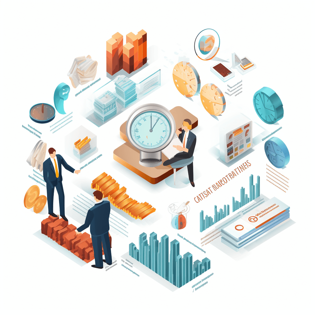 Isometric illustration of the concept ” time management and project progress control”. People in business suits stand around an oversized scale with clocks, graphs, charts on it, data visualization elements around them. White background. Vector graphics, vector illustrations, flat design, 3d isom Innovate style