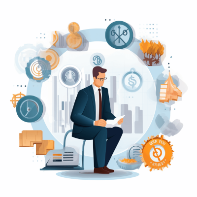 Flat illustration of an office worker in business attire sitting on top of a circle, surrounded by symbols representing money and time, such as coins, dollar signs, clocks, and work tools like cranes or electric hospital equipment. The person is looking at their phone screen with various financial app icons floating around them. The background is white with elements related to corporate life like skyscrapers or a cityscape. Bright colors are used for contrast. No text is visible.