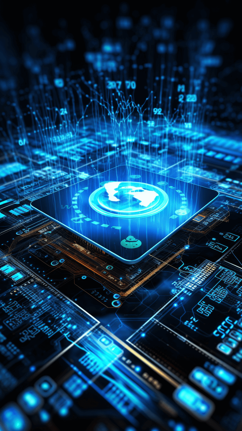 A blue glowing chip with an earth icon in the center, surrounded by many numbers and data flowing around it, is placed on top of circuit boards, creating futuristic technological abstract background. Hightech digital concept design.