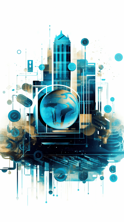 Digital illustration of an abstract futuristic cityscape with blue and white elements, featuring floating geometric shapes representing technology and innovation. In the center is a large glass sphere containing various icons such as skyscrapers, computers, digital screens, virtual reality headsets, holograms, bar charts and coins. The background should be clean and simple to highlight these graphic design details in the style of minimalism. White Background