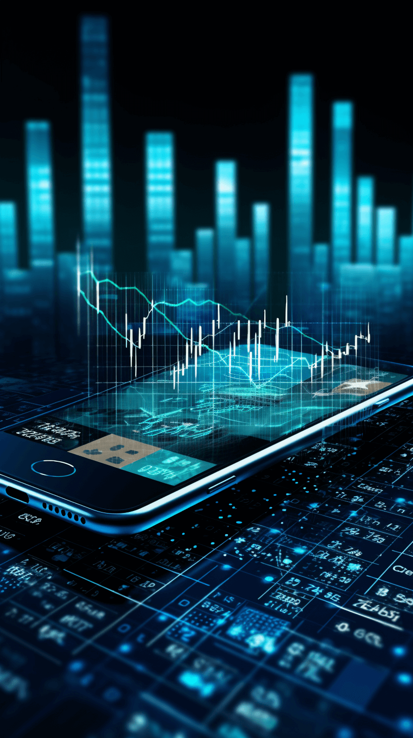 A smartphone displaying realtime stock market charts and graphs, with digital blue lights glowing in the background.,detailed illustration, high resolution photography, insanely detailed wide angle shot, stock photo