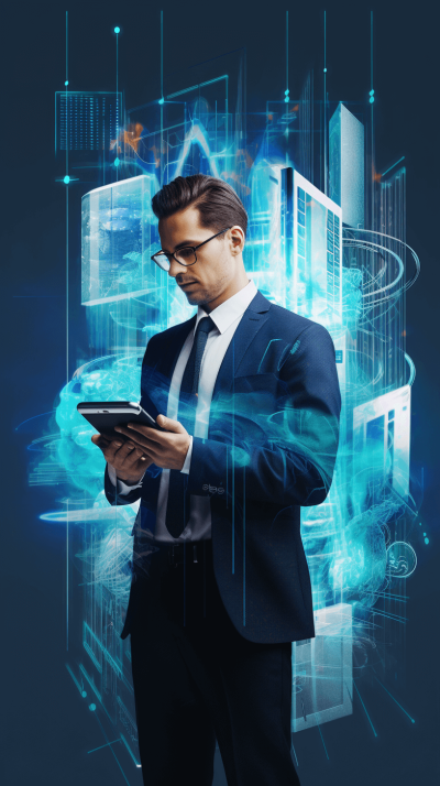 A handsome businessman in a suit is using his tablet to make an online real estate agent connection, surrounded by digital holographic images of buildings and graphs on a dark blue background. The man has glasses with black frames and brown hair tied back in a short style. He is holding the phone close to his chest. A modern office space is visible behind him, adding depth to the scene. A stylish illustration in the style of business poster or magazine cover design.