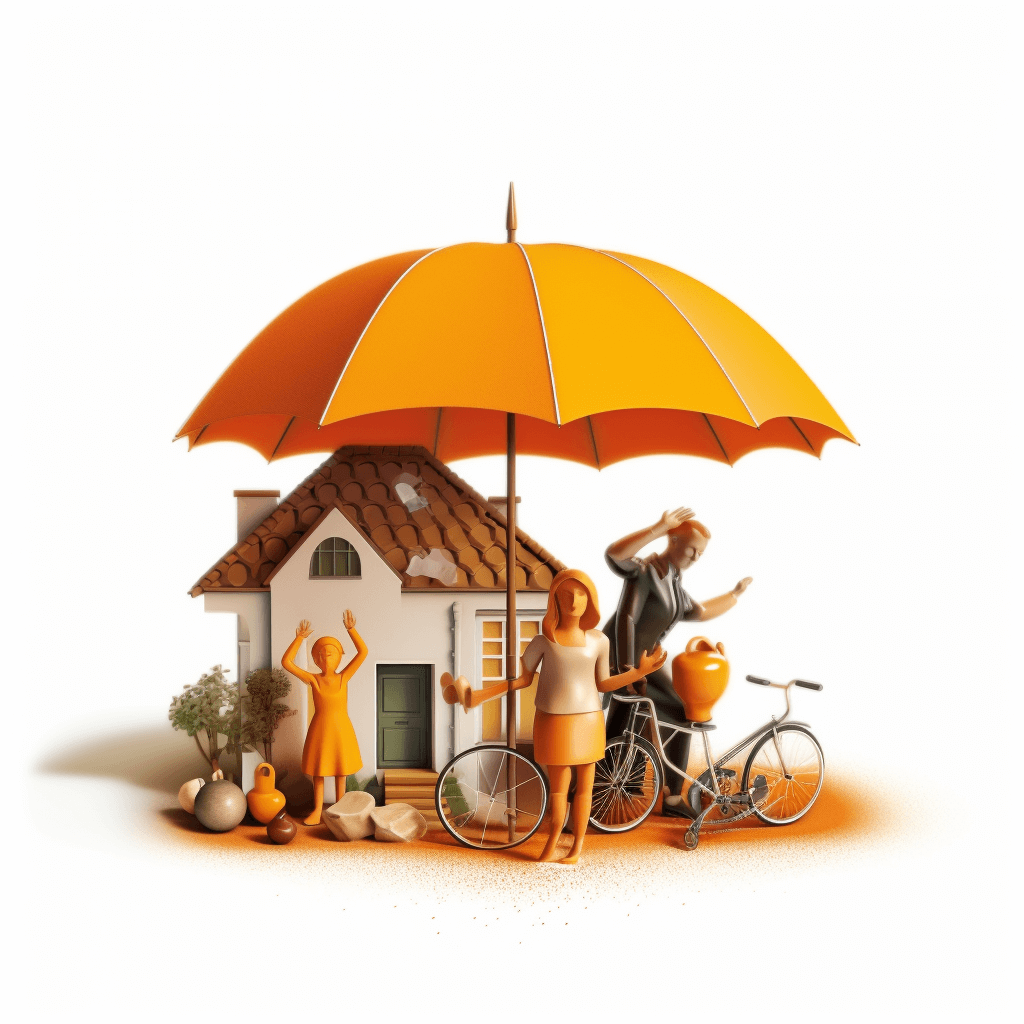 3D illustration of a family under an umbrella, with a house and bicycle nearby, on a white background, using an orange color palette, at a high resolution.