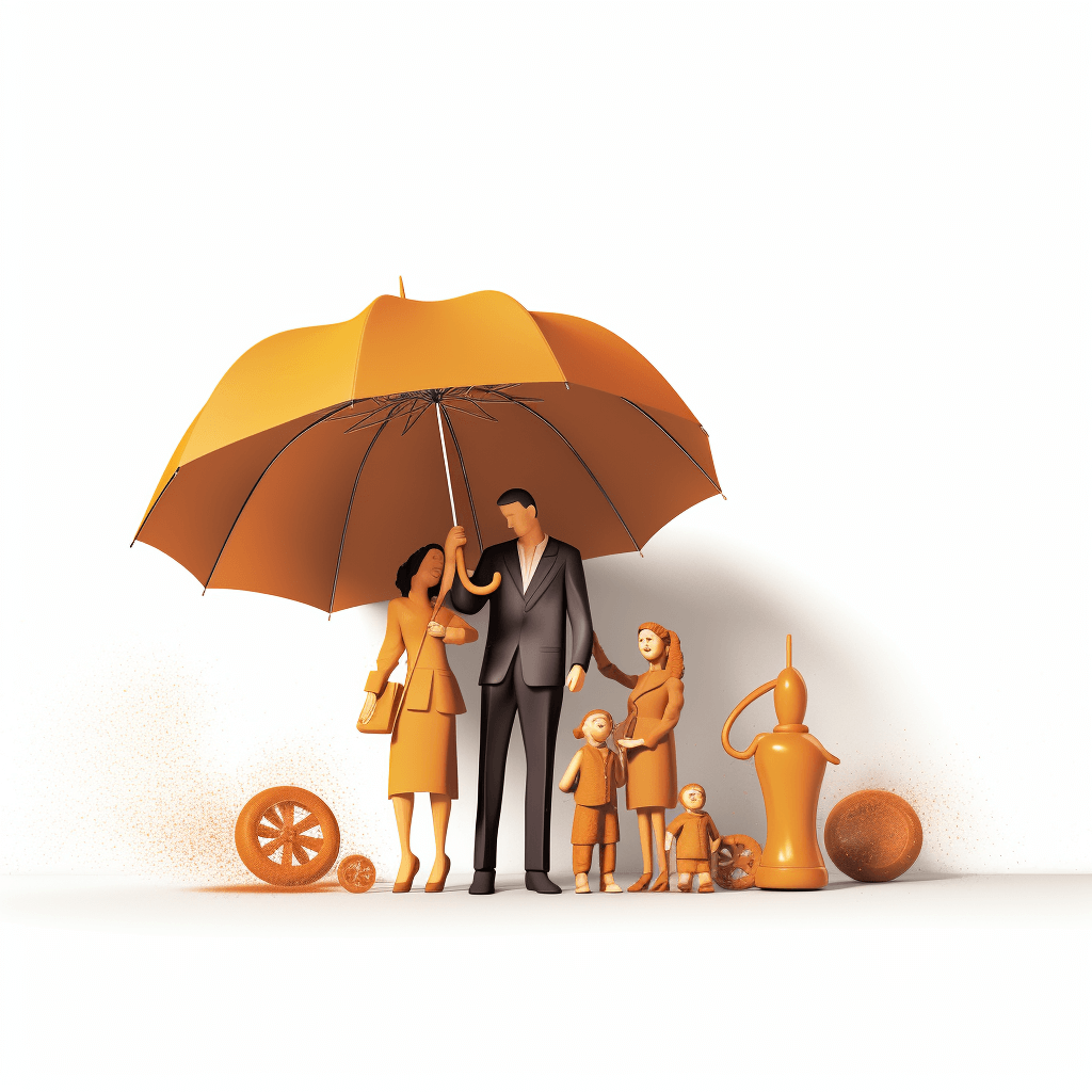 3D illustration of a family under an umbrella, in the background are orange monetary accessories and some little people on a white background, with a simple design and cute style using an orange color palette.