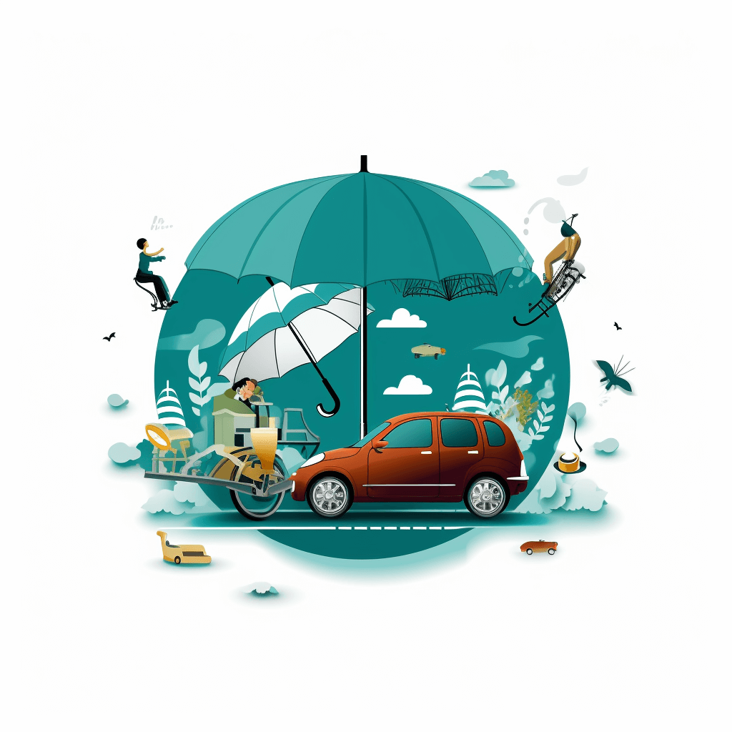 Flat style illustration, car and motorcycle under an umbrella, family concept design with people playing sports on the road in front of them, simple color scheme with turquoise background color, white space around objects, white background, simple shapes, simple lines, minimalism, graphic vector illustration, flat vector graphics, flat composition, 2D plane design. The center is an open circular green screen fabric, with some characters floating inside. A man holds up his head to shelter from raindrops. He stands next to him holding out a paper boat in the style of [Heinrich Kley](https://goo.gl/search?artist%20Heinrich%20Kley).