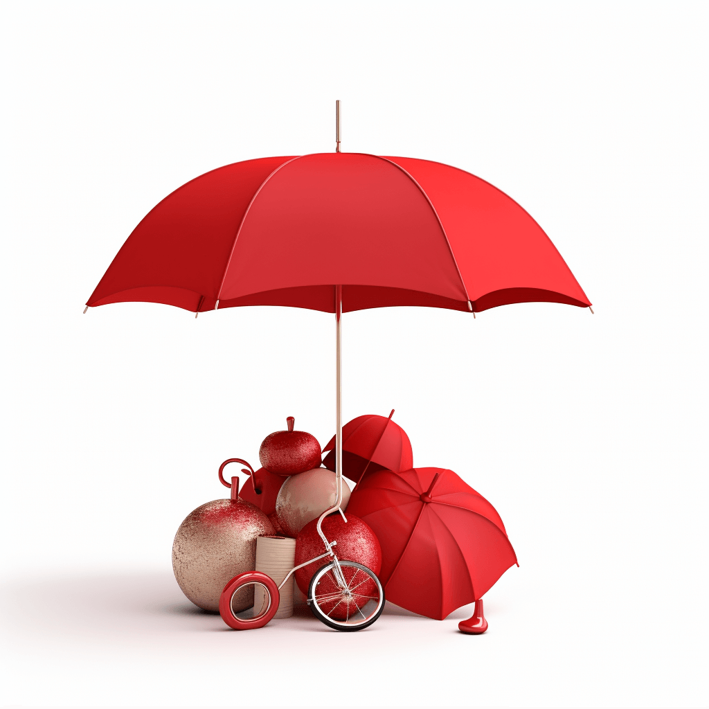 3d red umbrella icon with some toys and gift boxes on white background, red, gold and beige color scheme, minimalistic design, high resolution photography, insanely detailed, fine details, isolated plain, stock photo quality