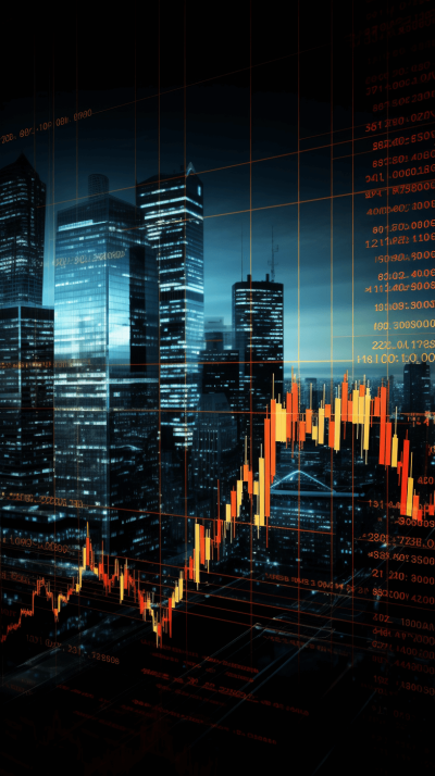 stock market background with city skyline and candlestick chart, digital artwork, high resolution, glowing light effects, stock photo style