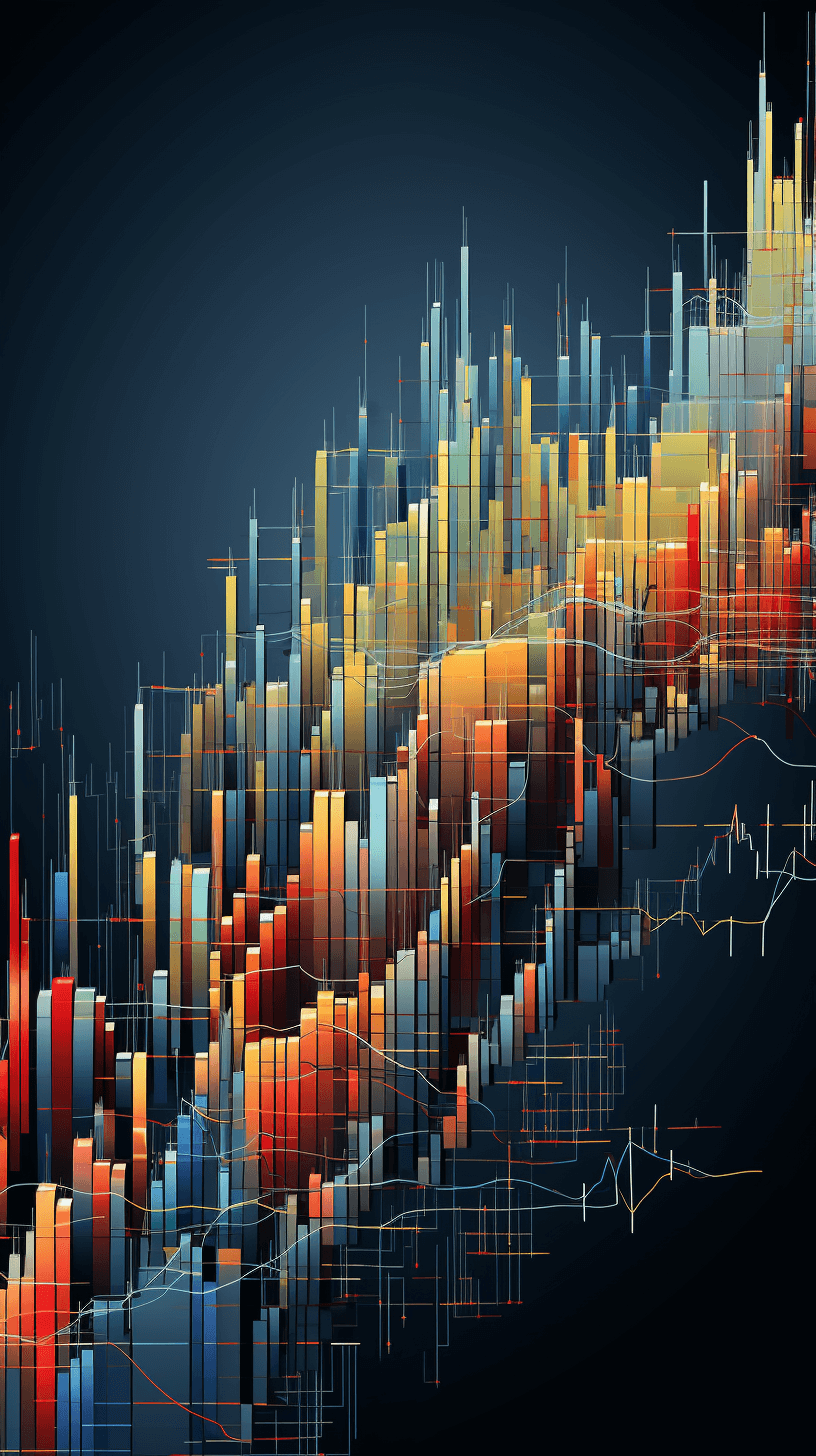 A dynamic abstract background with a grid of rising stock charts in orange and blue colors, representing market trends or financial data visualization. The background is a dark navy to contrast the bright color scheme. The illustrations are in the style of surrealistic artworks.