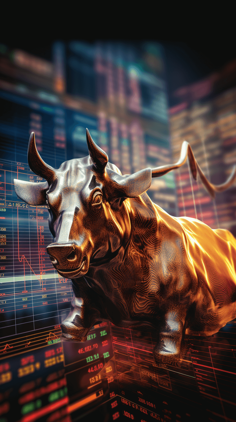 A bronze bull statue against the background of stock market charts, in a hyperrealistic, high resolution style, insanely detailed, with professional color grading, soft shadows, clean sharp focus, in the style of a magazine style photoshoot, using natural lighting.