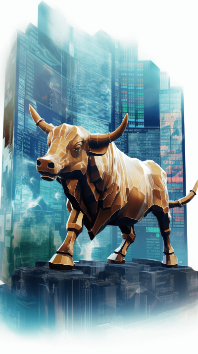 A golden lowpoly bull statue stands on the stock exchange, with an office building in the background, featuring a digital art style and blue color scheme. The illustration includes detailed character design elements such as a trading board displaying market data. This is a vector graphics illustration created using Adobe Illustrator software. It features a high resolution of 3072x4896 pixels and uses vector graphic techniques to create complex geometric shapes for realistic textures in the style of digital art.