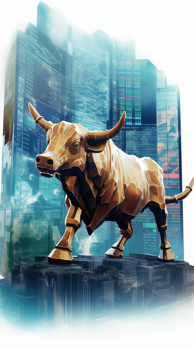 A golden lowpoly bull statue stands on the stock exchange, with an office building in the background, featuring a digital art style and blue color scheme. The illustration includes detailed character design elements such as a trading board displaying market data. This is a vector graphics illustration created using Adobe Illustrator software. It features a high resolution of 3072×4896 pixels and uses vector graphic techniques to create complex geometric shapes for realistic textures in the style of digital art.