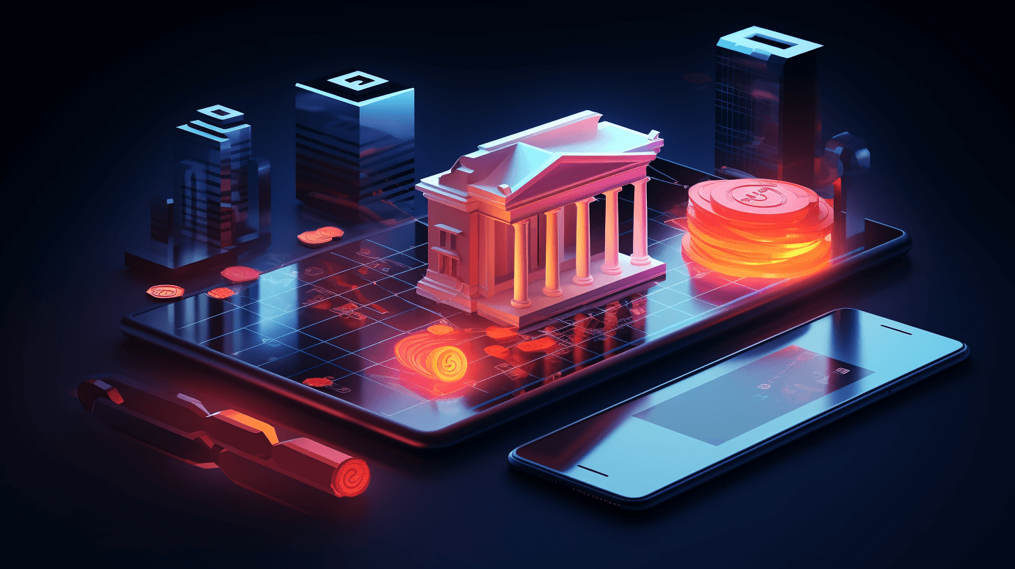 Illustration of the bank on a smartphone with blue and orange colors. The bank building has coins around it with business buildings in the background. A dark atmosphere with an isometric view from a high angle shot. The style is of a 3D render with high resolution, high quality textures, and highly detailed details in a hyperrealistic style.