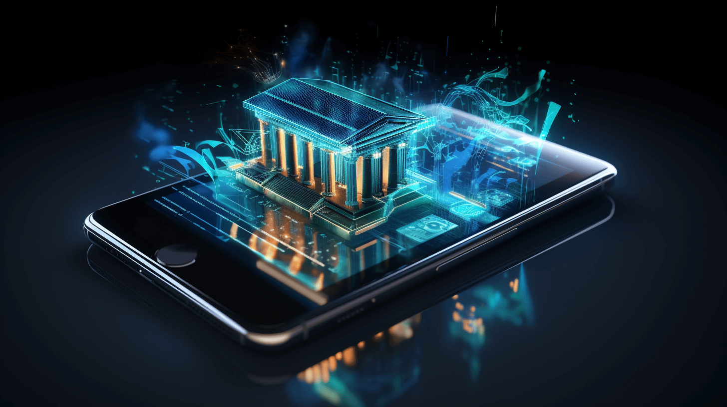 3D rendering of an AI powered virtual bank on a mobile phone screen, in the style of a hologram with a floating Greek temple building and digital financial data glowing around it, isolated on a dark background. Concept for future business technology and luxury social media advertisement design with minimal editing of the original text.