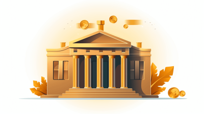 Illustration of an ancient bank building with gold coins and leaves in the style of a vector style on a white background with a flat design and 2D illustration and golden color scheme using simple shapes for a minimalist design in the vector art style using simple shapes and simple lines on a white background with a flat design. The illustration has high resolution, high detail, high quality, high sharpness, high contrast, high definition, high dynamic range, high natural light, and high image quality.