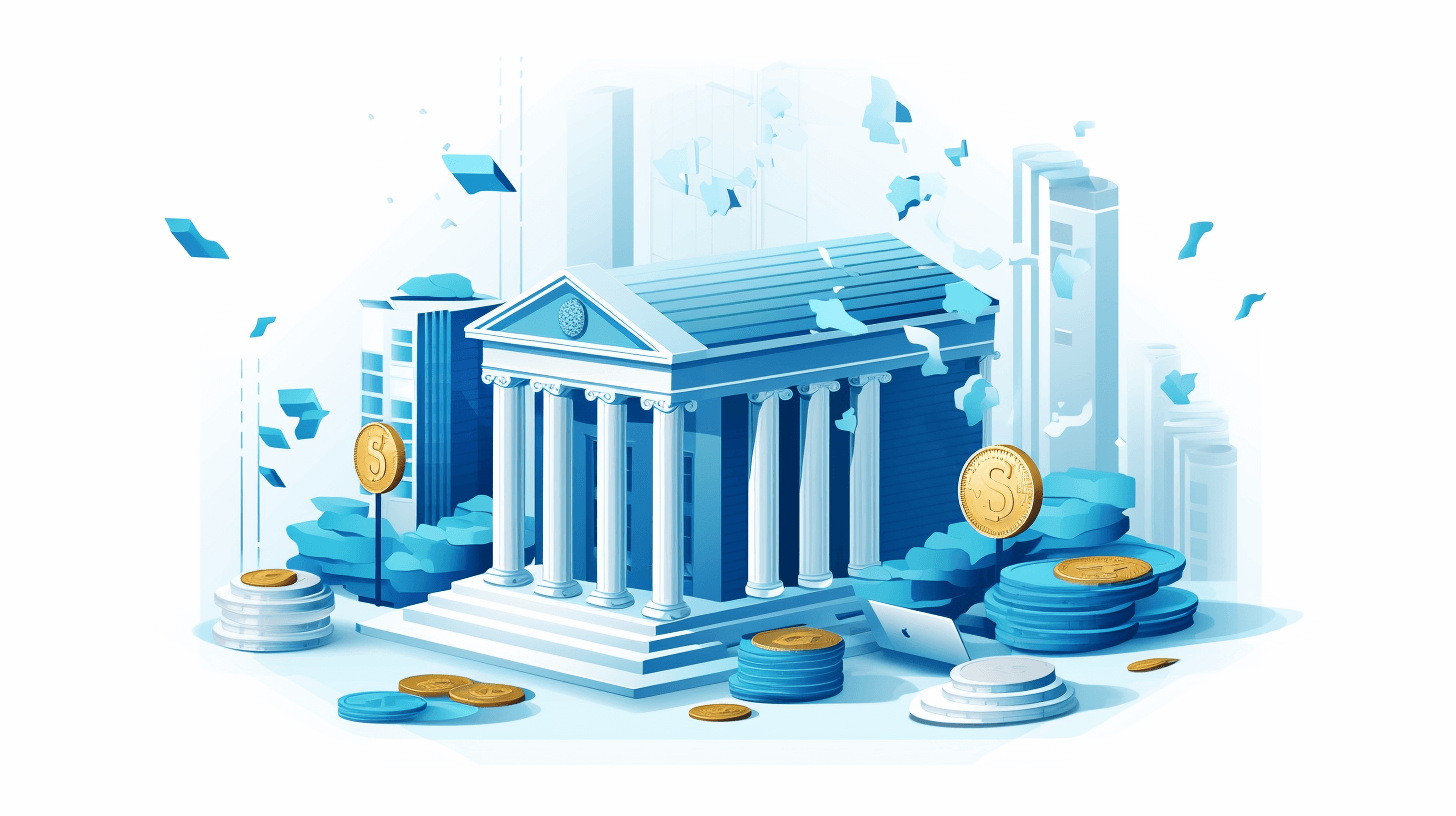 A bank building surrounded in the style of blue coins and isometric vector illustrations, on a white background, with a light skyblue color scheme, of a simple design, with white space around the edges of elements.