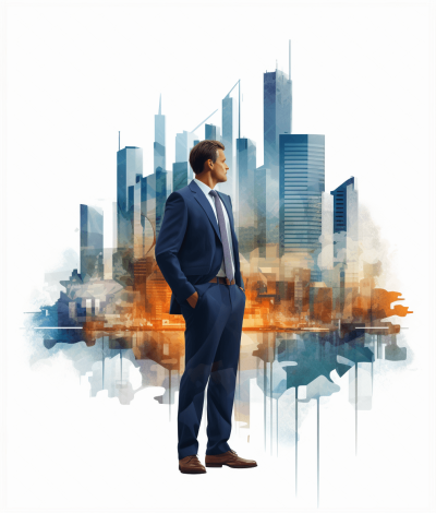 A businessman in a suit stands confidently against the backdrop of city skyscrapers. The image uses double exposure photography techniques with a watercolor painting style on a white background. It is a vector illustration with white and blue tones and appears to be a 3D rendering on a white background with high resolution, sharp focus, and high detail. The style is hyperrealistic with high contrast, high quality, and bright colors as if lit by daylight. It seems to be an octane render in a photorealistic and hyperrealistic style, showing a full body portrait.