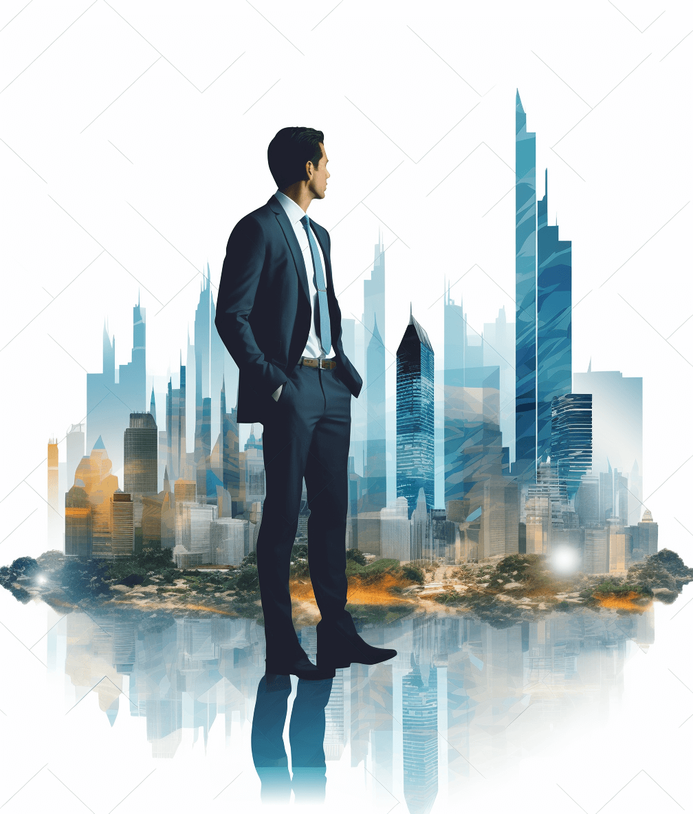 Double exposure of business man and city skyline, transparent background PNG file. Man in suit standing with his hands in pockets, looking at the horizon with skyscrapers behind him. The urban landscape includes tall buildings, street lights, reflections on water surfaces, creating an atmosphere of success and modernity. Photorealistic illustration with sharp details for professional use.