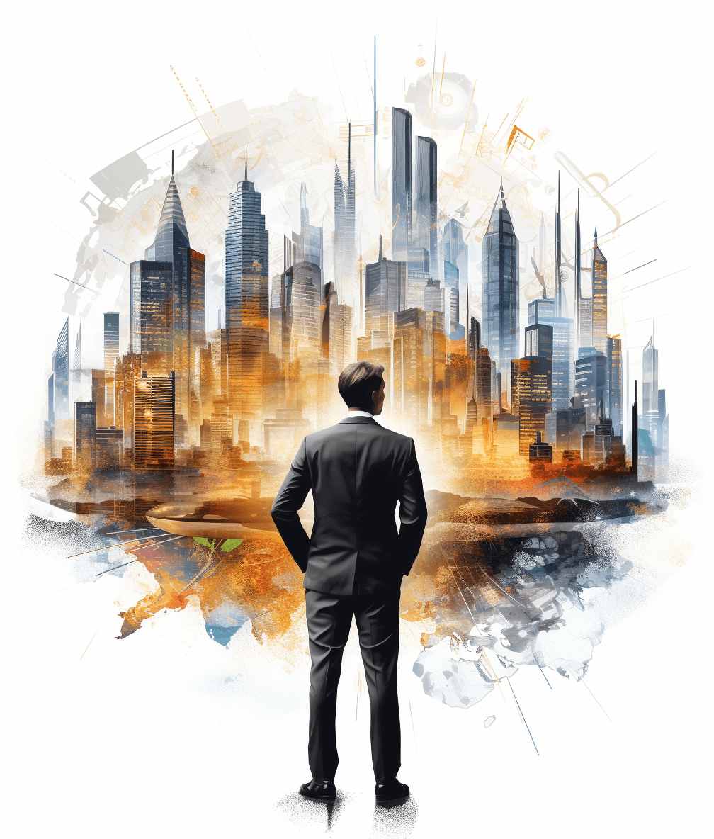 Businessman standing with his back to the camera and looking at a modern city skyline, double exposure illustration in the style of brush strokes, white background, high resolution png format.