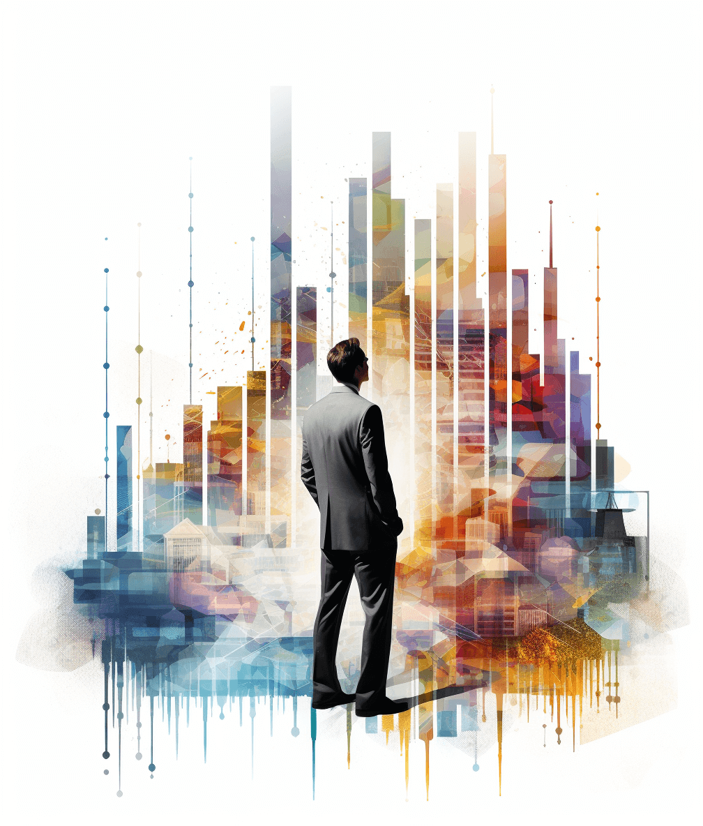 businessman in suit standing back, looking at the abstract city made of lines and shapes with vertical bar charts on white background, digital art in the style of [Yoji Shinkawa](https://goo.gl/search?artist%20Yoji%20Shinkawa) and Dominik Mayer, energyfilled illustrations, dynamic brushstrokes, Storybook illustration