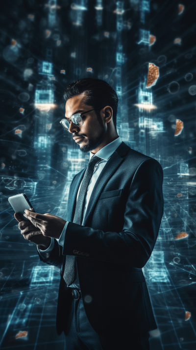 a businessman in suit and glasses holding his phone, standing on digital background with code lines and data blocks floating around him, he is looking at the screen of her mobile device, digital style, high resolution, hyper realistic, cinematic light, full body portrait, canon eos r5