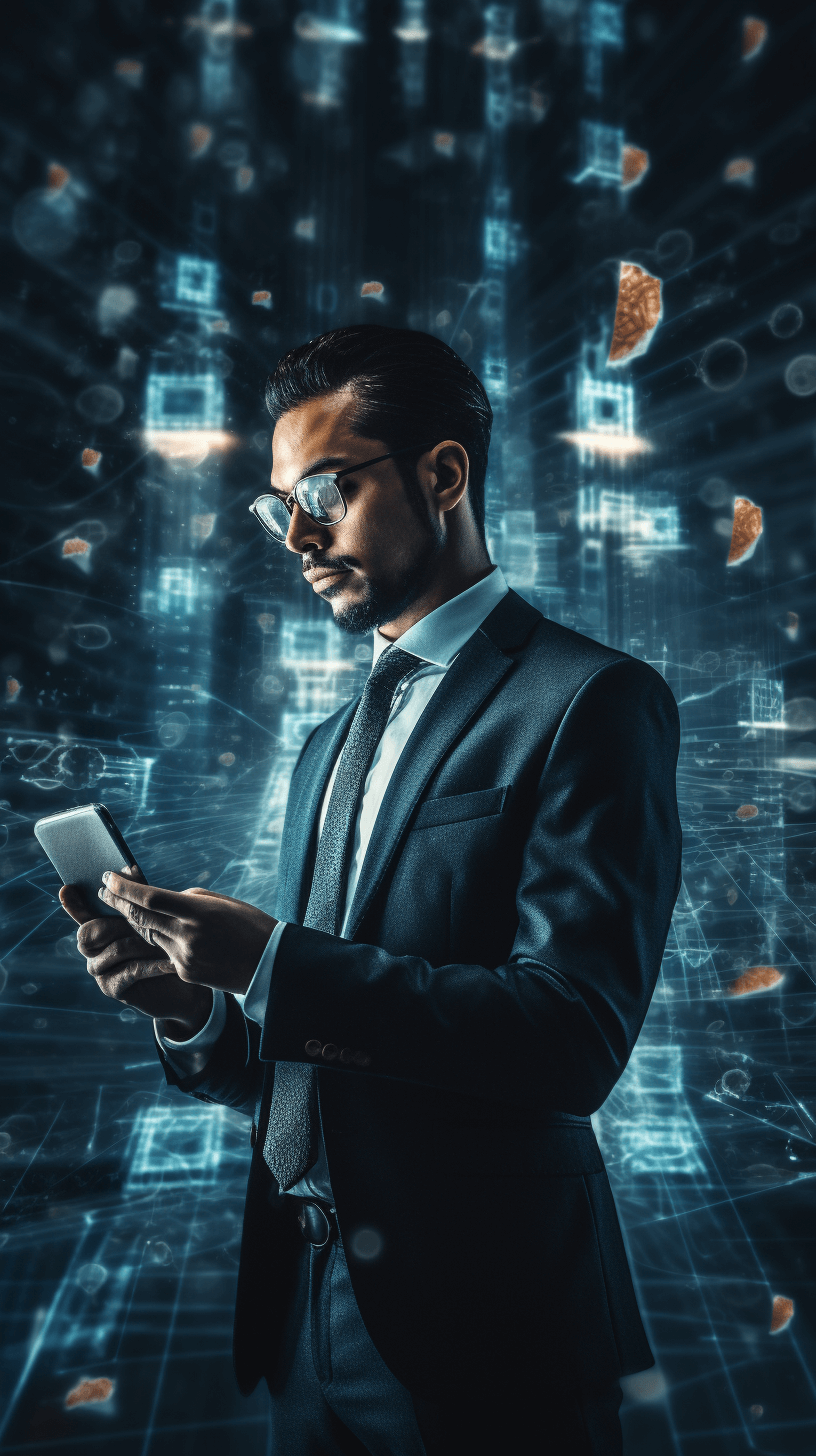 a businessman in suit and glasses holding his phone, standing on digital background with code lines and data blocks floating around him, he is looking at the screen of her mobile device, digital style, high resolution, hyper realistic, cinematic light, full body portrait, canon eos r5