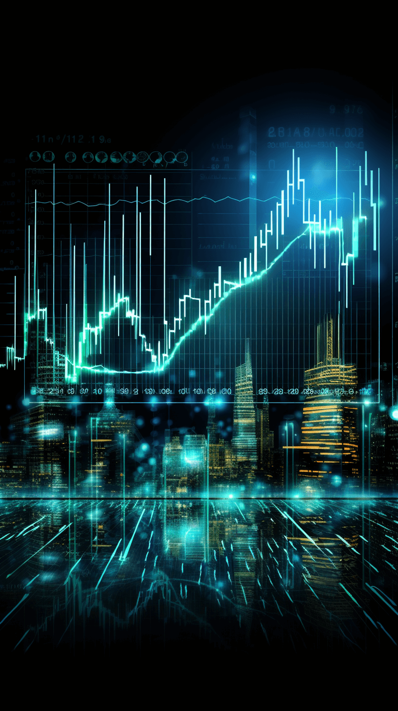 A stock market graph in the background with futuristic cityscape, glowing lines and holographic effects. The chart is depicted on digital screen showing upward trend of shelves growths. Digital illustration. High resolution. Vector graphics. Black isolated background. .2d vector illustration. Realistic.