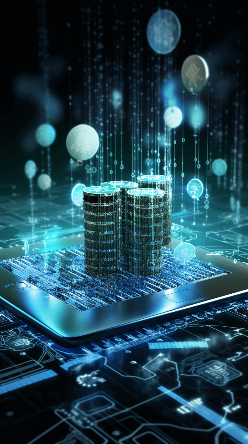 A digital illustration of stacks coins on top an open laptop, surrounded by floating numbers and symbols in the background representing data technology. The overall atmosphere is futuristic with shades of blue and silver creating a sleek tech vibe. In the foreground there’s visible circuitry running around underneath. This design conveys modernity and innovation associated to financial advertising.