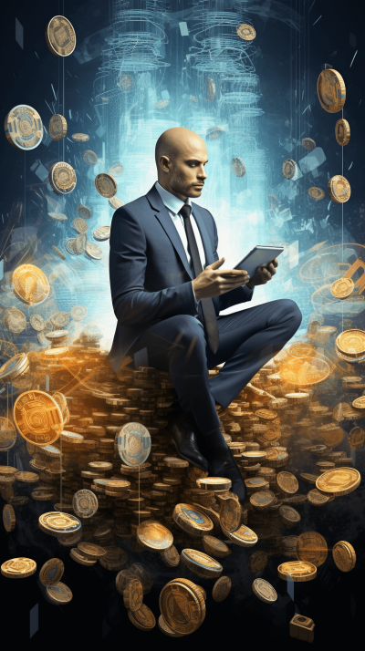 A rich bald man in a suit sitting on a pile of coins and holding an iPad, surrounded by flying gold coins in front of a futuristic background with blue color tones, in the style of hyper realistic photography.