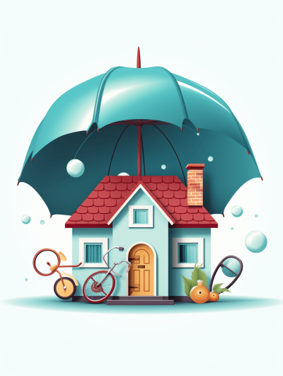 vector illustration of an umbrella protecting home, bike and motorcycle in front of the house, light blue color palette, white background, high resolution, no shadows on other elements, professional vector art, no text or letters, no mockup lettering, no typography, no typography elements, no realistic photo details, no shadows, no fine lines, high detail, no realism, no sharp edges, no smoothness effect,