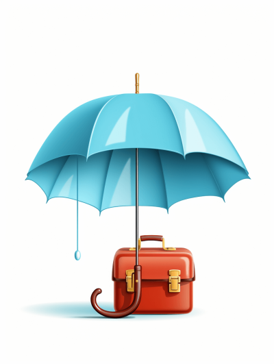 create vector illustration of blue umbrella and red briefcase, white background, png file, white space on the left side for copy text, high resolution, ultra detailed, professional color grading, soft shadows, no contrast, clean sharp focus