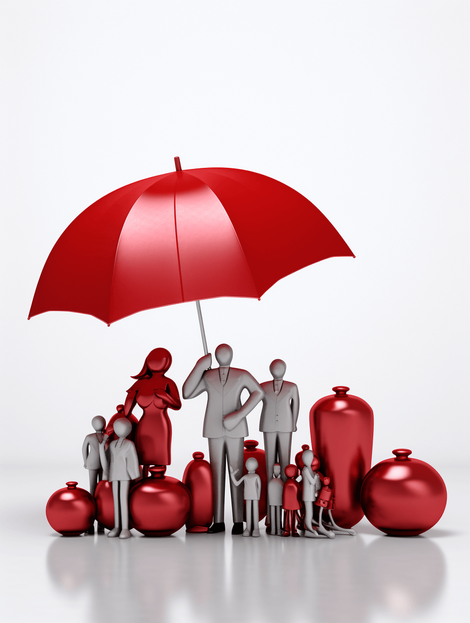 3D illustration of a family under a red umbrella with different sized and shaped money pots around, on a white background, in a high resolution photographic style.