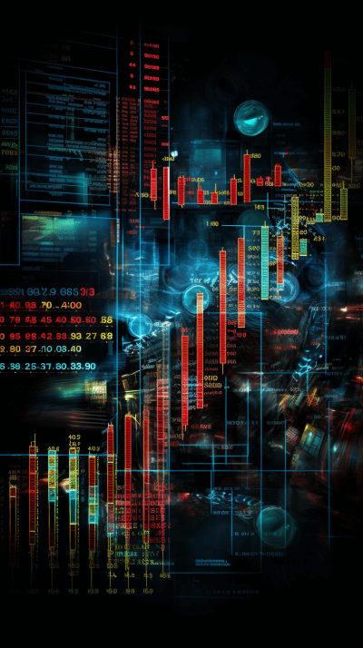 A digital art piece showcasing stock market charts and graphs, glowing with vibrant colors against an abstract dark background. The scene includes futuristic holographic displays showing real-time financial data, creating a sense of technological sophistication in the world of trading and finance. This design would be suitable for a tech-themed wallpaper or cover artwork in the style of abstract digital art.