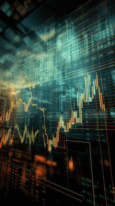 A stock market chart with candles, high and low lines, grid background, and candlestick patterns in the style of abstract digital art. The colors of the upward trend include golds, blues, greens, and grays. It is displayed on a dark gradient background. There is blurred text over some elements to emphasize their importance while maintaining focus on visual details such as numbers, bar charts, globe icons, or graphs. This creates a sense of depth and complexity for business analytics.