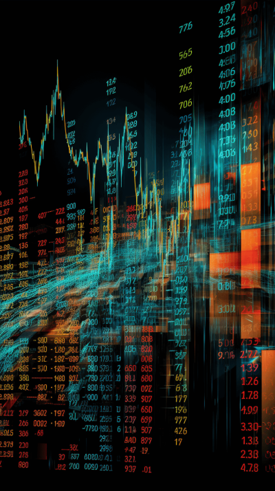 A stock market graph with numbers and data, in the style of a digital art style, on a dark background, with glowing colors, like a digital wallpaper, painted digitally, like a stock photo, with high resolution, high detail, high quality textures, high sharpness, high contrast, high color saturation, high clarity, high definition.