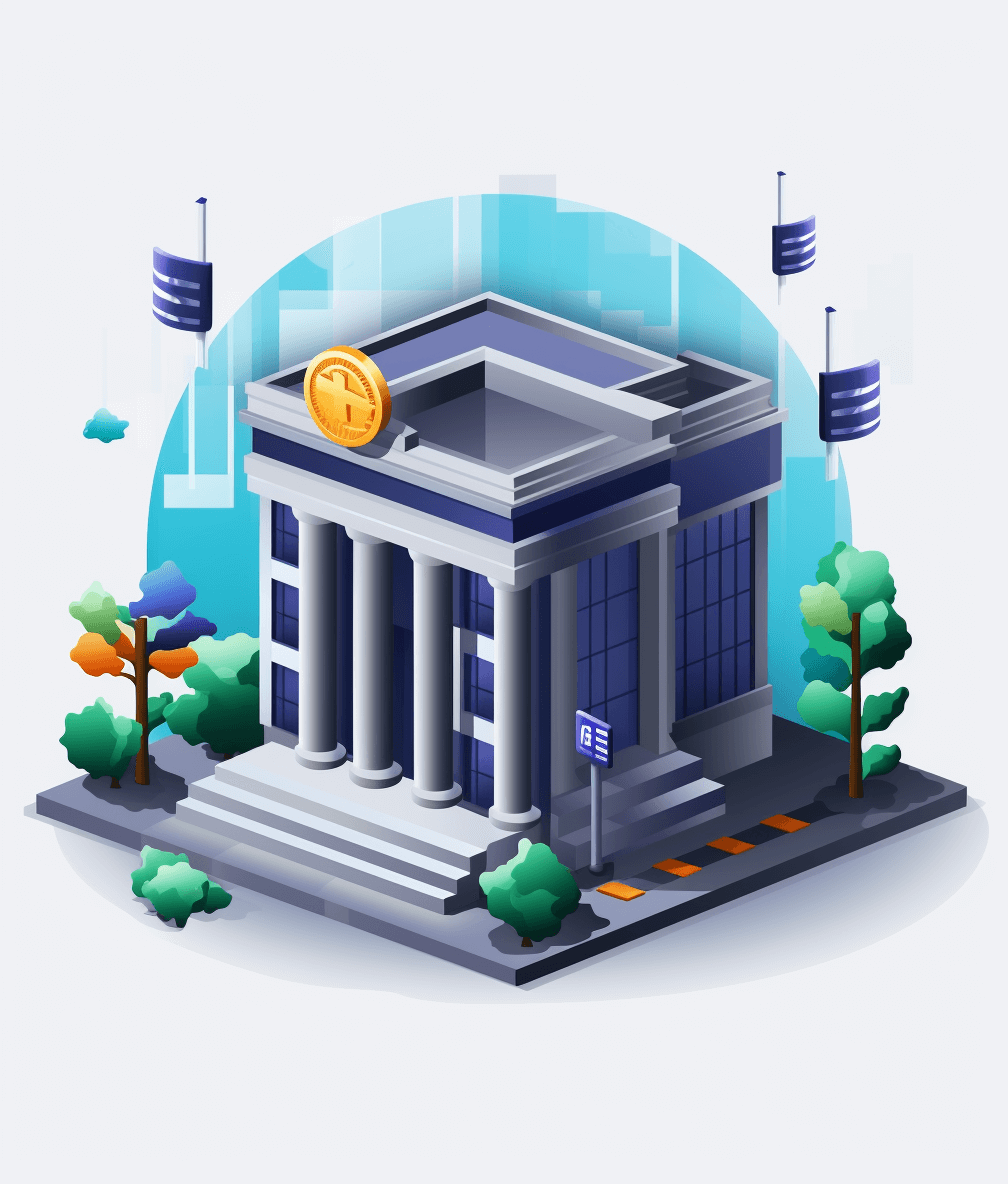 Illustration of an isometric bank building with blue and white colors, in the 3D style, 2d game art style, with circular shapes, a clean background, a low poly design, simple lines, isometric vector illustration, one gold coin on the roof, blue flags around it, trees in front of buildings, a grey ground, at a 45 degree angle, on a white background, with no shading detail, low contrast, low saturation, and flat color. No shadows, no gradient.