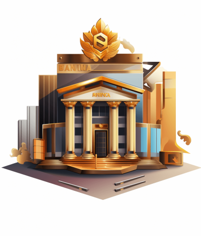 3d illustration of icon for bank, with building and sign "B所说layers in gold color on white background, front view, isometric, warm colors, game art style, vibrant use of light and shadow, gold leafing