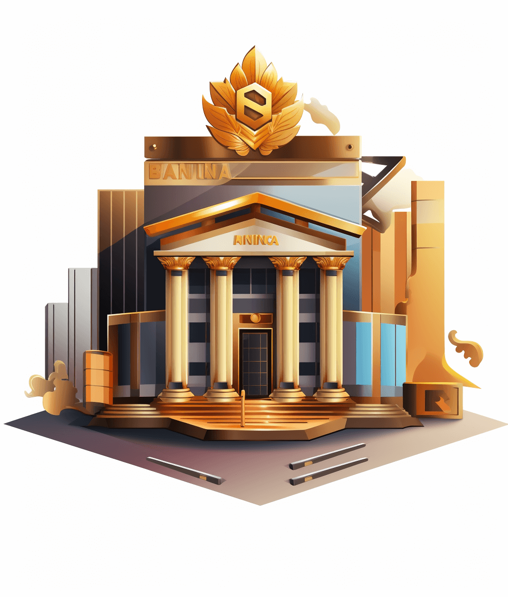 3d illustration of icon for bank, with building and sign “B所说layers in gold color on white background, front view, isometric, warm colors, game art style, vibrant use of light and shadow, gold leafing