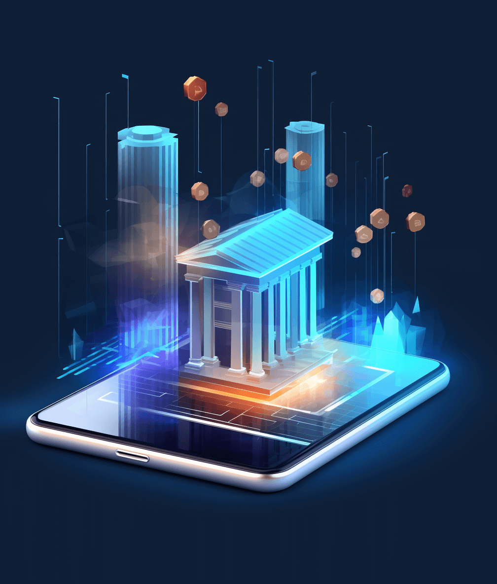 3D illustration of Digital bank on smartphone, blue hologram building with columns and towers flying above the phone screen, glowing data curves around the structure, isolated dark background, high tech design concept vector Illustration