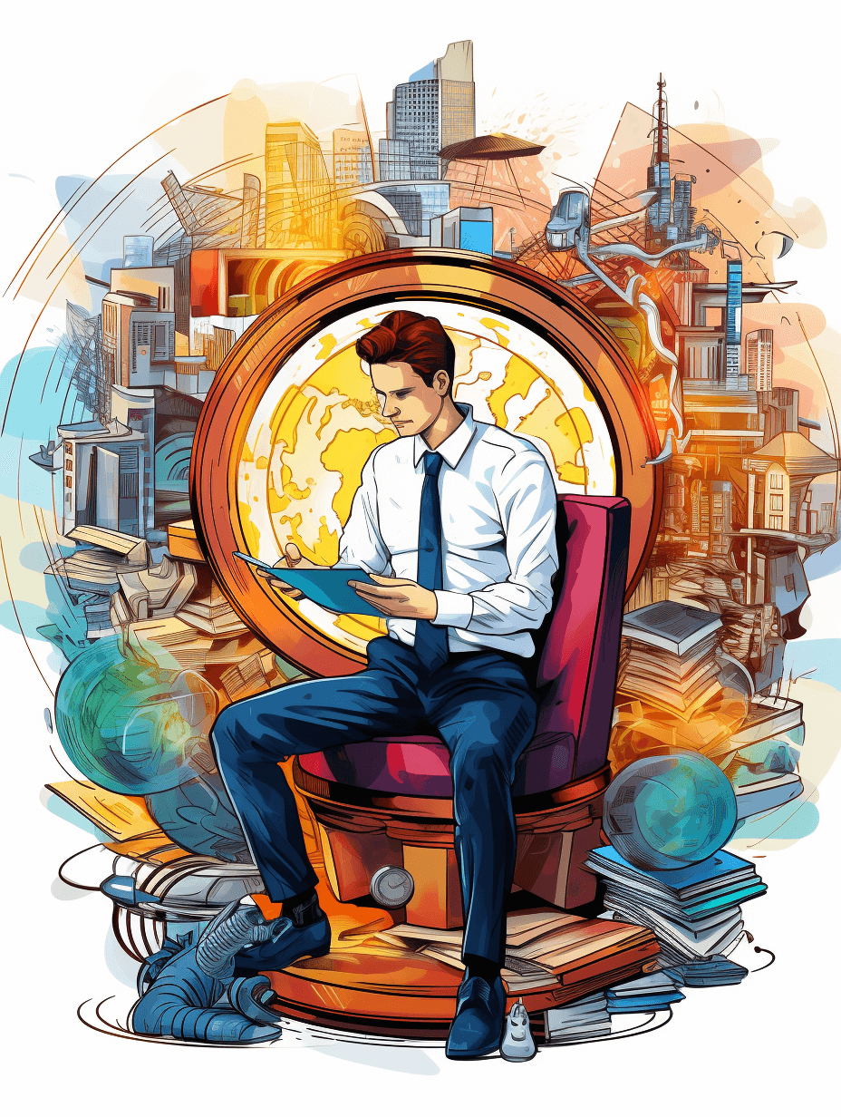 A digital illustration of an adventurous young man in business attire, sitting on the edge or inside a large chair with books and world maps scattered around him, holding his phone while looking at something outside the frame. The background features elements like buildings, planets, earth scenes, all depicted in vibrant colors to create a lively atmosphere. A clock is also visible behind him, adding depth to the scene.