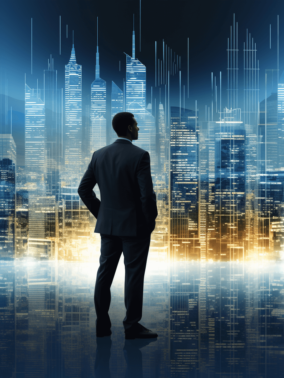 Businessman standing in front of digital cityscape, with a blue and gold color theme, shown from the back view, in the style of hyper realistic, high resolution photography.