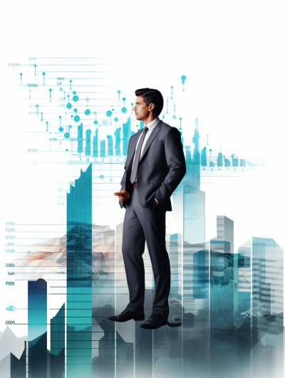 Businessman standing in front of financial charts and graphs, double exposure photography, white background, full body portrait, vector illustration style, white background, gradient color scheme, financial industry district, medium to long shot perspective, soft lighting, focused gaze. in the style of financial industry district.