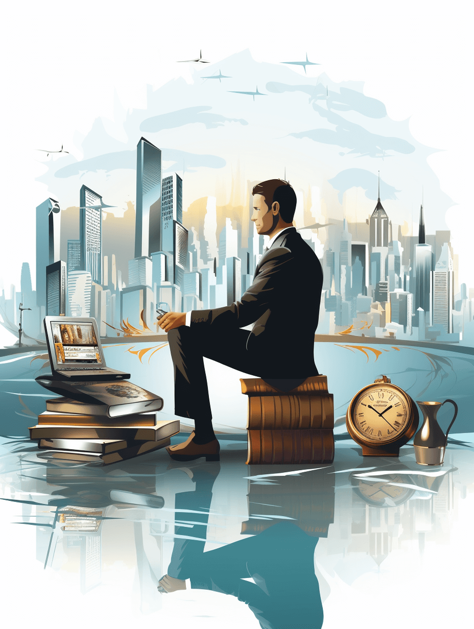 A businessman sits on top of his work supplies, books and laptop in front of him with a cityscape behind him. He is holding an old clock in one hand. The background features modern skyscrapers and flying planes. In the foreground, there is water reflecting everything. Vector illustration, digital art, in the style of editorial.