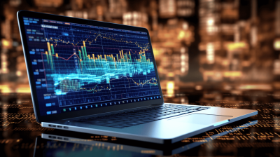 A laptop with stock market data on the screen, digital illustration of financial graphs and numbers in blue tones, set against an abstract background of dark grey and silver hues. The illustration is high resolution and detailed, rendered in a hyper realistic style reminiscent of stock photography.