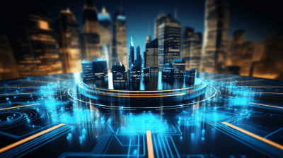 3D rendering of the city skyline surrounded by circuit board, light blue and gold style, technological sense, dark background, glowing hologram, circular design, hightech futuristic feel, cityscape in the center. The buildings are illuminated with bright lights, creating an atmosphere of innovation and progress. High resolution, detailed textures, city skyscrapers illuminated at night.