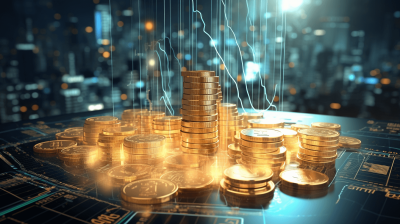 digital background with stacks of golden coins and financial charts, a digital trading platform interface in the foreground against a dark blue backdrop in the style of a business stock photo, with glowing lights.