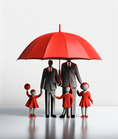 A family of four, with two adult men and women in suits standing behind their children holding an umbrella, 3D rendering effect, white background, with red elements on the figures, minimalist style, bright colors, clear details, frontal perspective, symmetrical composition, soft lighting, warm atmosphere. in the style of minimalist.