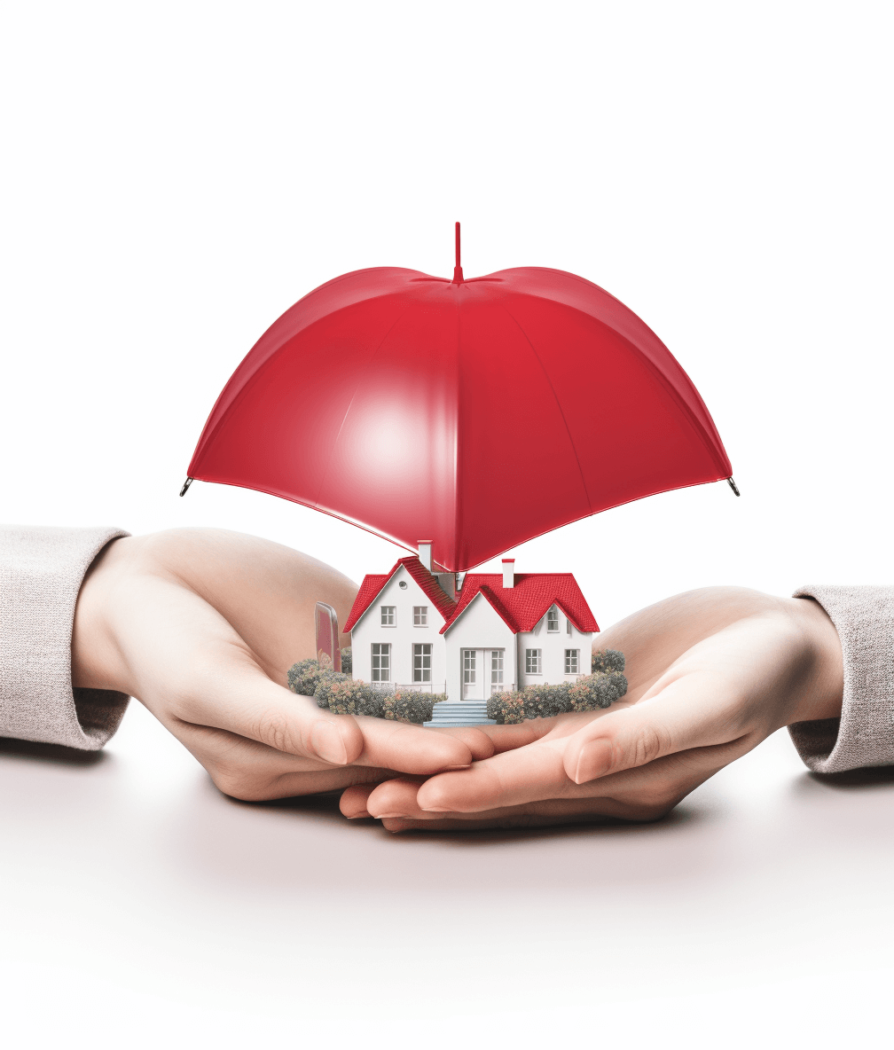 Real estate protection concept, two hands holding red umbrella above house model isolated on white background with clipping path. Realistic photography. 3d rendering illustration